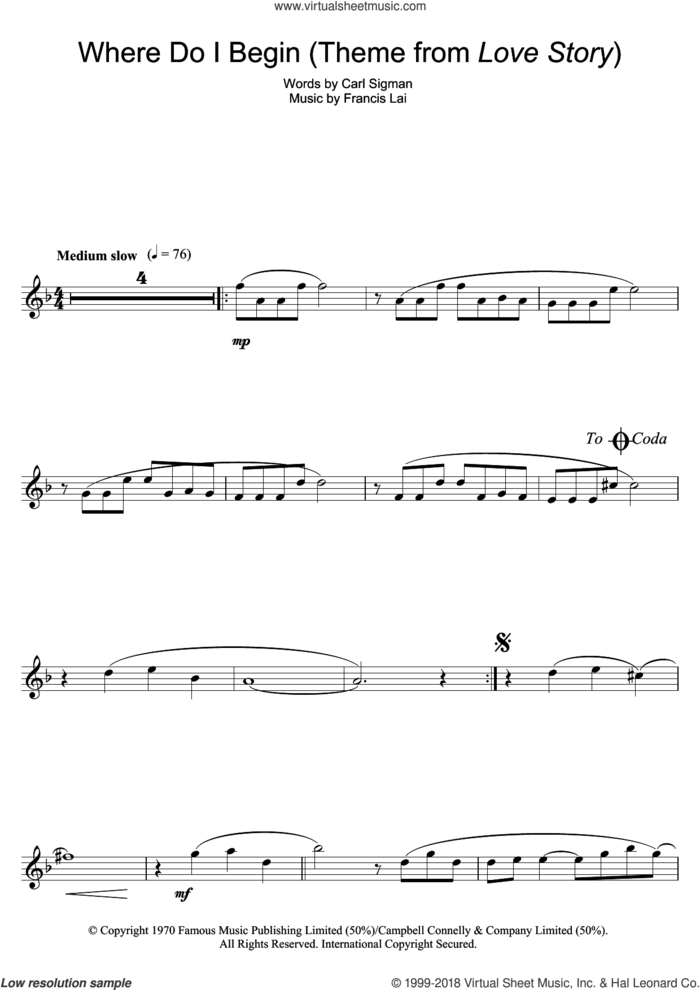 Where Do I Begin (theme from Love Story) sheet music for flute solo by Francis Lai and Carl Sigman, intermediate skill level