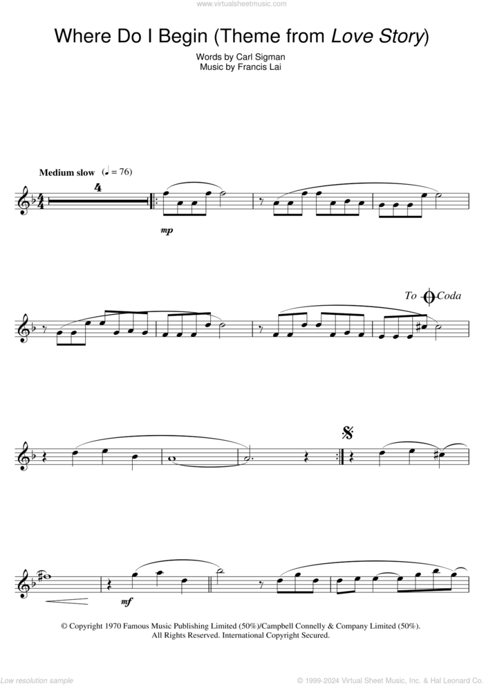 Where Do I Begin (theme from Love Story) sheet music for flute solo by Francis Lai and Carl Sigman, intermediate skill level