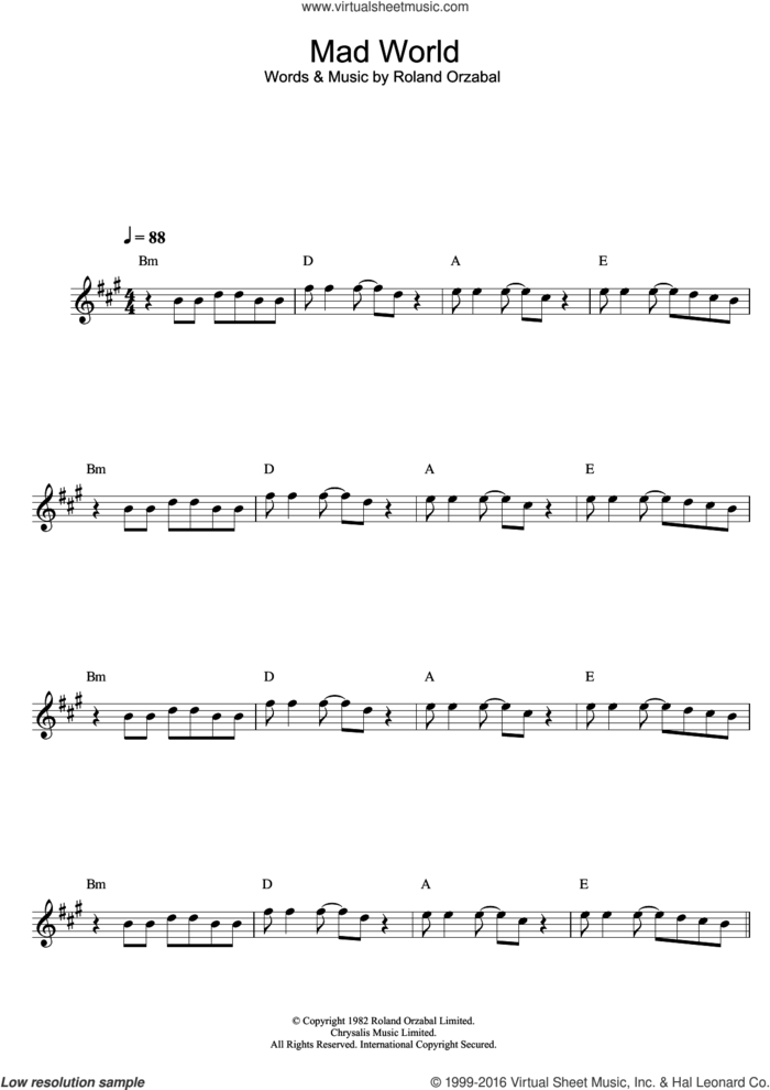 Mad World (from Donnie Darko) sheet music for clarinet solo by Gary Jules, Michael Andrews and Roland Orzabal, intermediate skill level