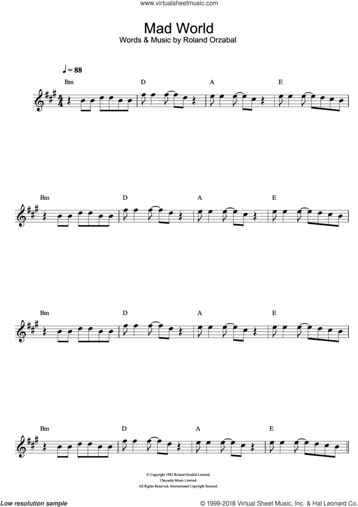 Mad World (from Donnie Darko) sheet music for flute solo by Gary Jules, Michael Andrews and Roland Orzabal, intermediate skill level