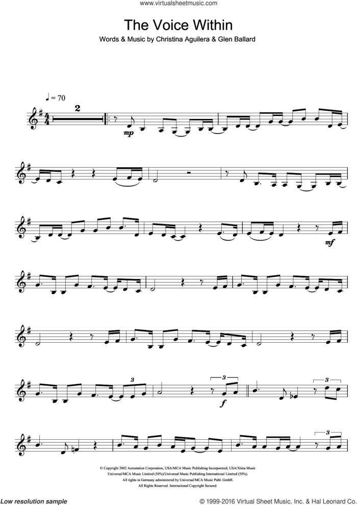 The Voice Within sheet music for clarinet solo by Christina Aguilera and Glen Ballard, intermediate skill level