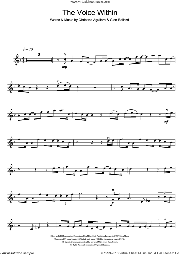 The Voice Within sheet music for violin solo by Christina Aguilera and Glen Ballard, intermediate skill level