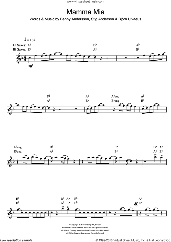 Mamma Mia sheet music for saxophone solo by ABBA, Benny Andersson, Bjorn Ulvaeus and Stig Anderson, intermediate skill level