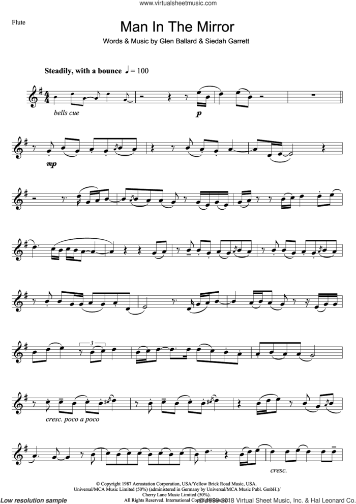 Man In The Mirror sheet music for flute solo by Michael Jackson, Glen Ballard and Siedah Garrett, intermediate skill level
