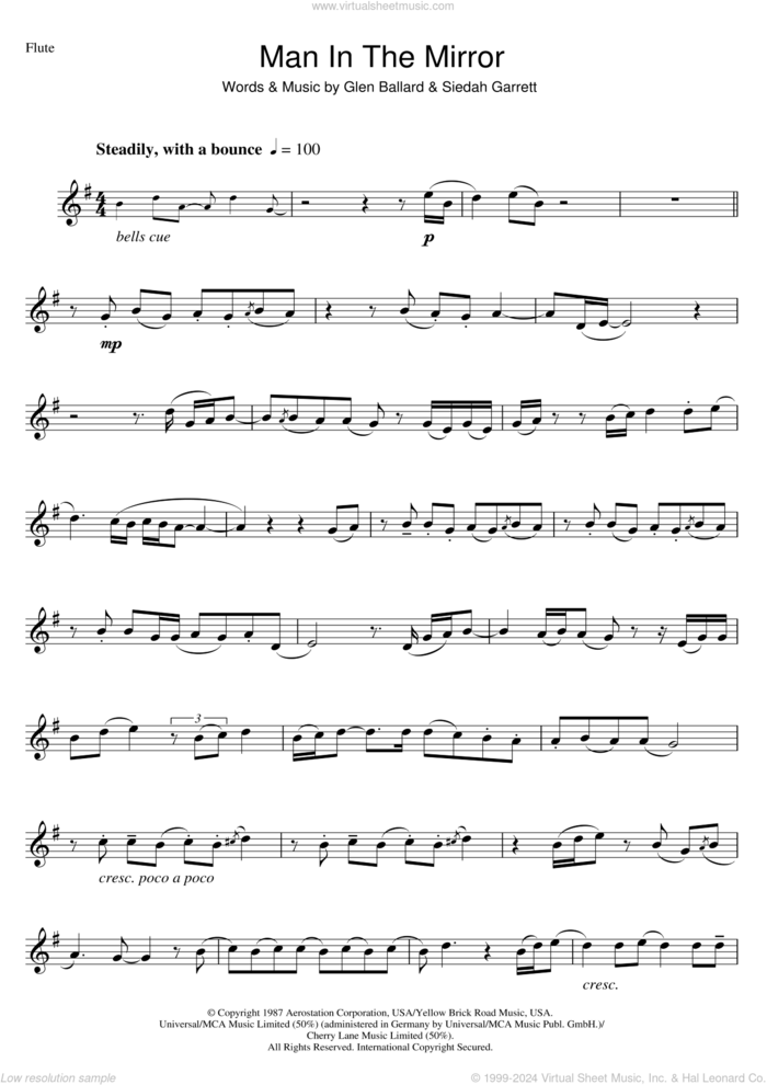 Man In The Mirror sheet music for flute solo by Michael Jackson, Glen Ballard and Siedah Garrett, intermediate skill level