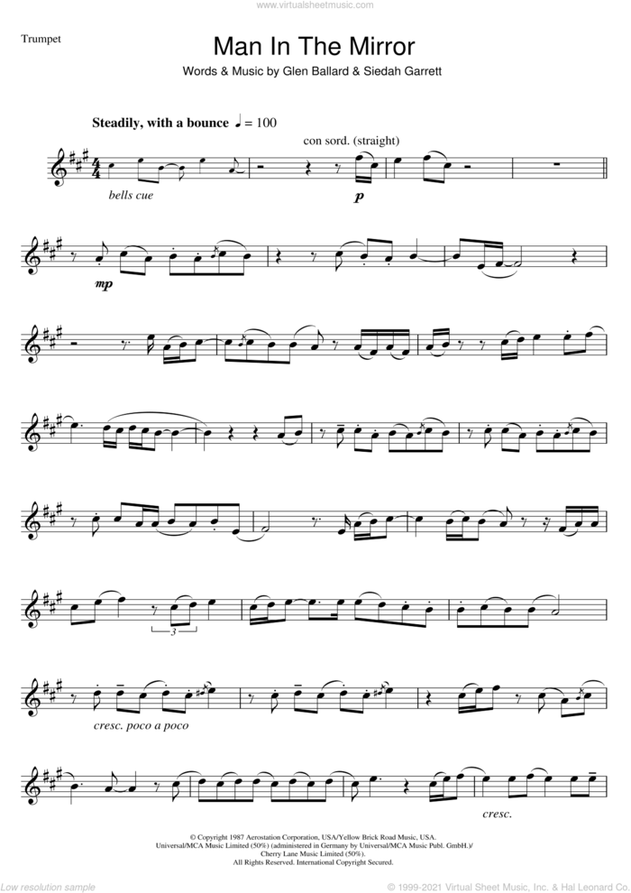 Man In The Mirror sheet music for trumpet solo by Michael Jackson, Glen Ballard and Siedah Garrett, intermediate skill level