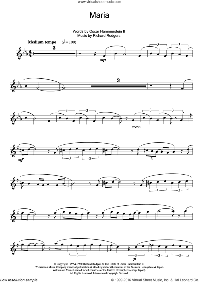 Maria sheet music for clarinet solo by Rodgers & Hammerstein, Oscar II Hammerstein and Richard Rodgers, intermediate skill level