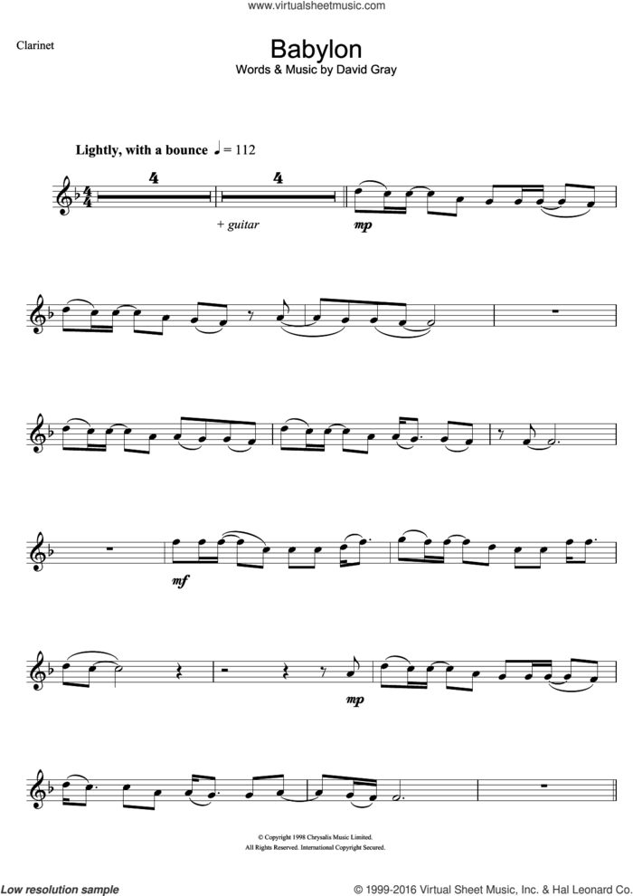 Babylon sheet music for clarinet solo by David Gray, intermediate skill level