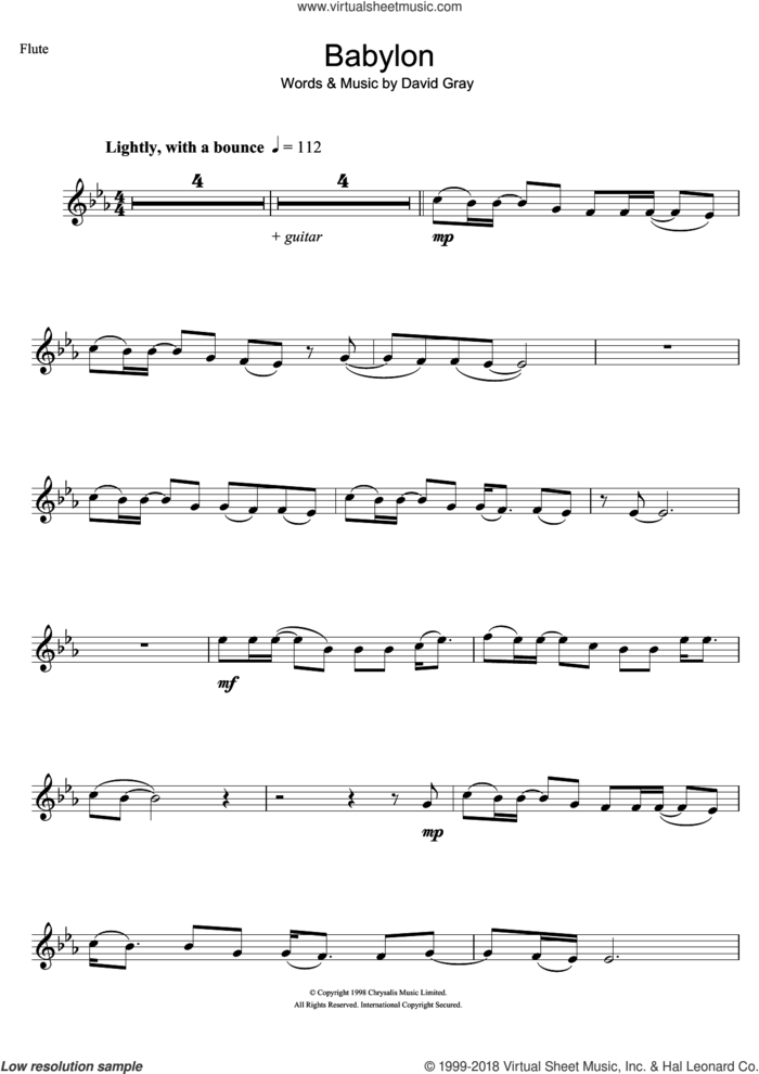 Babylon sheet music for flute solo by David Gray, intermediate skill level