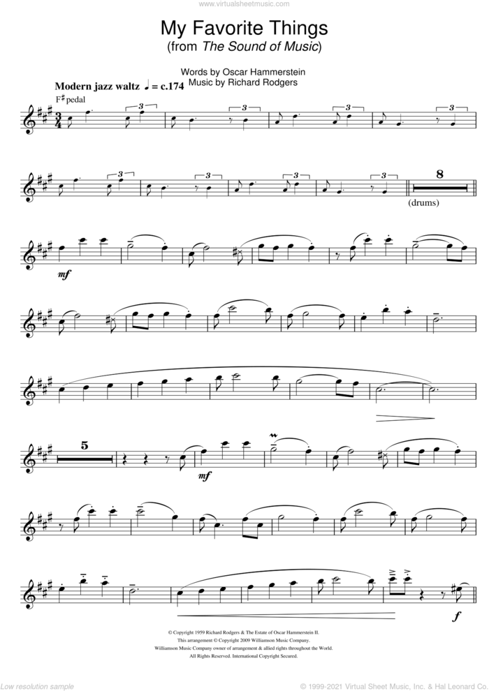 My Favorite Things (from The Sound Of Music) sheet music for tenor saxophone solo by Rodgers & Hammerstein, Richard Rodgers and Oscar II Hammerstein, intermediate skill level