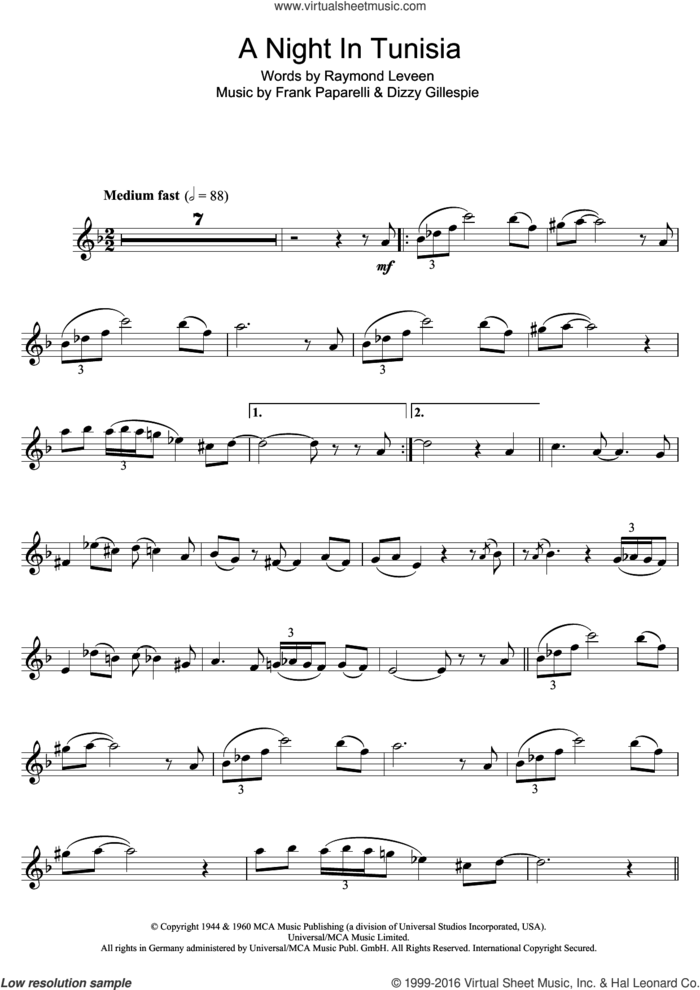 A Night In Tunisia sheet music for clarinet solo by Dizzy Gillespie, Frank Paparelli and Raymond Leveen, intermediate skill level