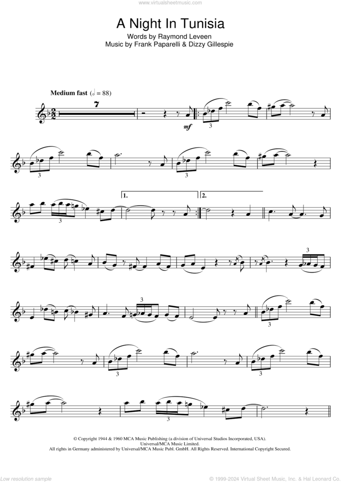 A Night In Tunisia sheet music for clarinet solo by Dizzy Gillespie, Frank Paparelli and Raymond Leveen, intermediate skill level