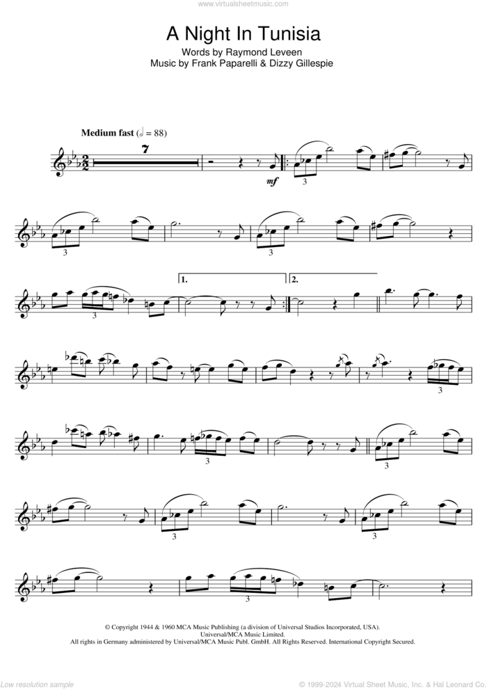 A Night In Tunisia sheet music for flute solo by Dizzy Gillespie, Frank Paparelli and Raymond Leveen, intermediate skill level