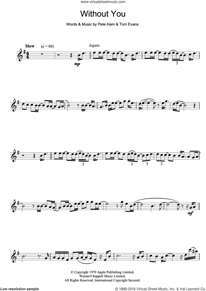 Without You sheet music for clarinet solo by Badfinger, Pete Ham and Tom Evans, intermediate skill level