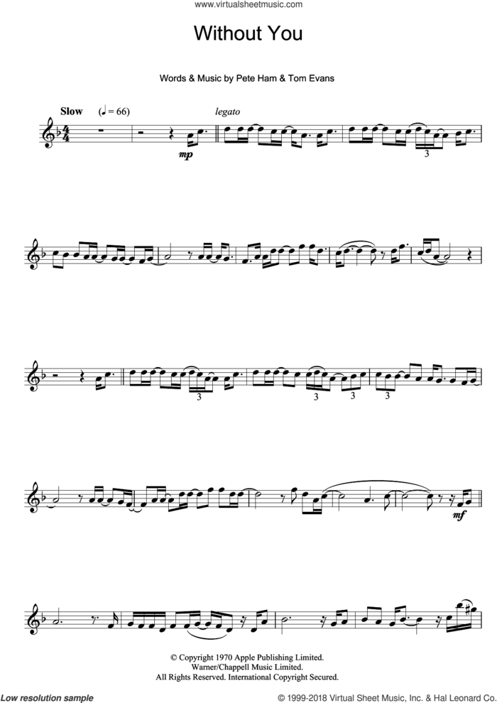Without You sheet music for flute solo by Badfinger, Pete Ham and Tom Evans, intermediate skill level