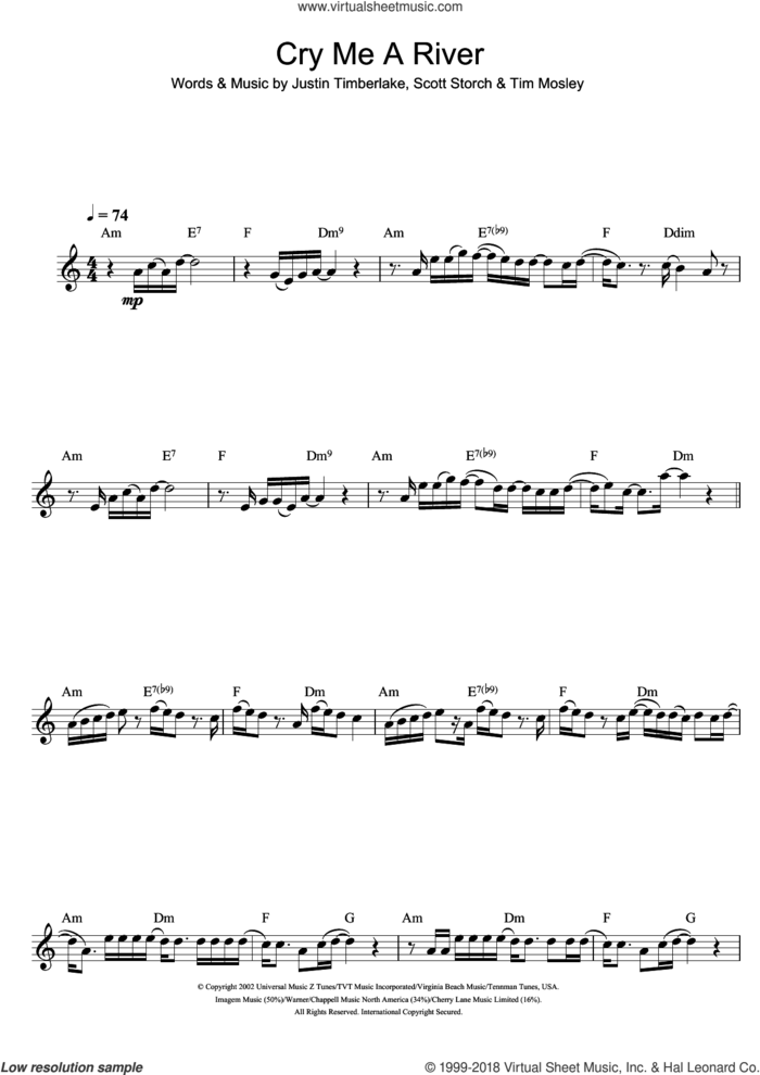 Cry Me A River sheet music for flute solo by Justin Timberlake, Scott Storch and Tim Mosley, intermediate skill level