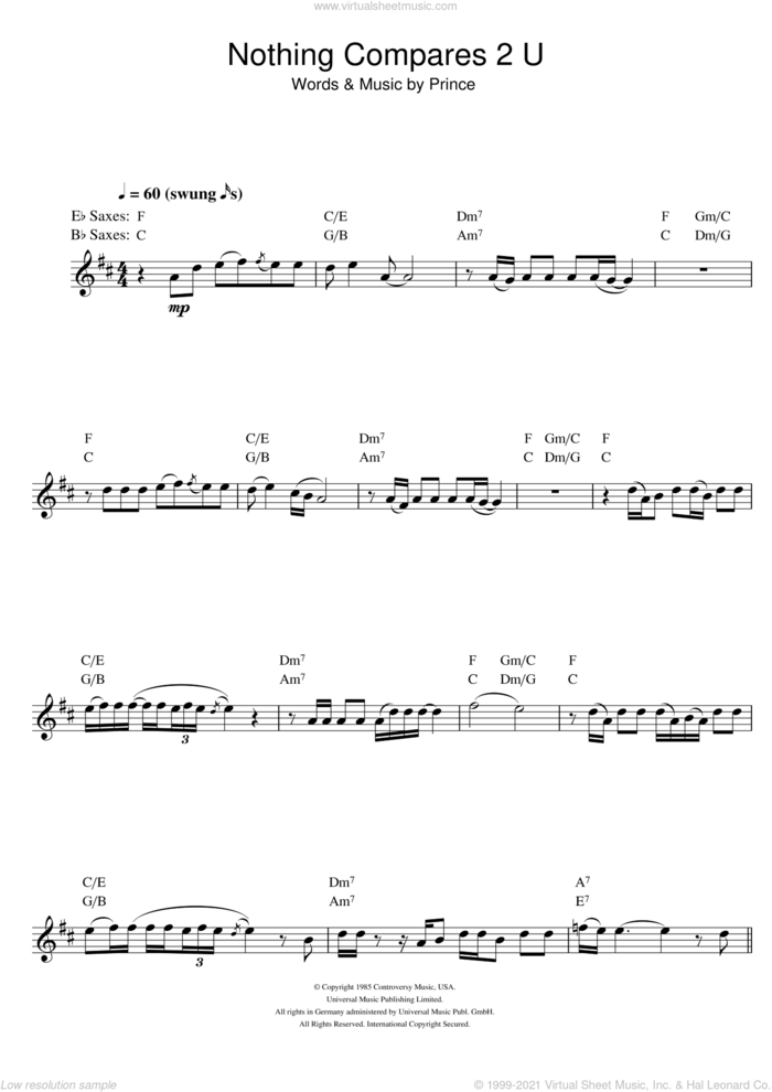 Nothing Compares 2 U sheet music for saxophone solo by Sinead O'Connor and Prince, intermediate skill level