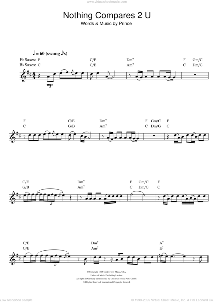 Nothing Compares 2 U sheet music for saxophone solo by Sinead O'Connor and Prince, intermediate skill level