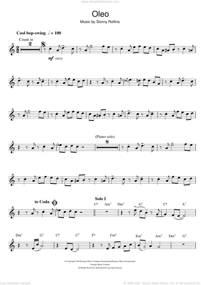 Oleo sheet music for clarinet solo by Miles Davis and Sonny Rollins, intermediate skill level