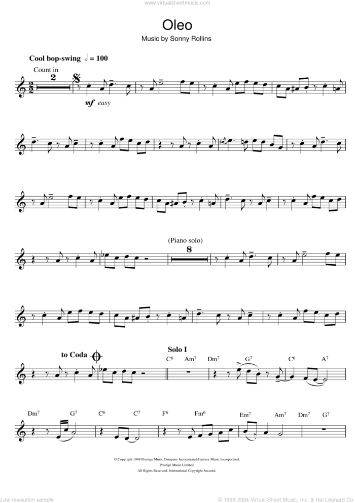 Oleo sheet music for clarinet solo by Miles Davis and Sonny Rollins, intermediate skill level