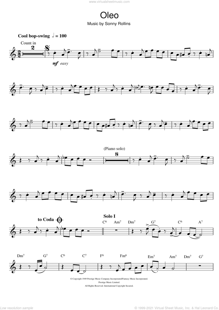 Oleo sheet music for trumpet solo by Miles Davis and Sonny Rollins, intermediate skill level