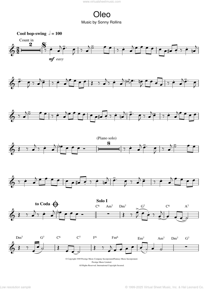 Oleo sheet music for trumpet solo by Miles Davis and Sonny Rollins, intermediate skill level