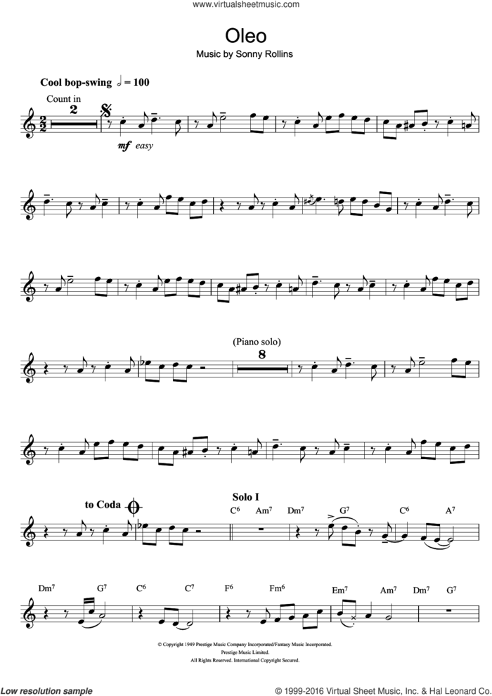 Oleo sheet music for tenor saxophone solo by Miles Davis and Sonny Rollins, intermediate skill level