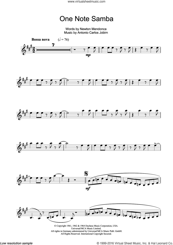 One Note Samba (Samba De Uma Nota) sheet music for clarinet solo by Antonio Carlos Jobim and Newton Mendonca, intermediate skill level