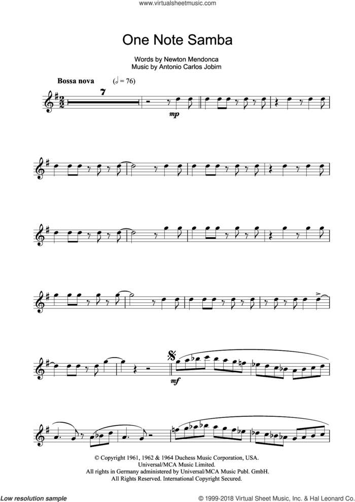 One Note Samba (Samba De Uma Nota) sheet music for flute solo by Antonio Carlos Jobim and Newton Mendonca, intermediate skill level
