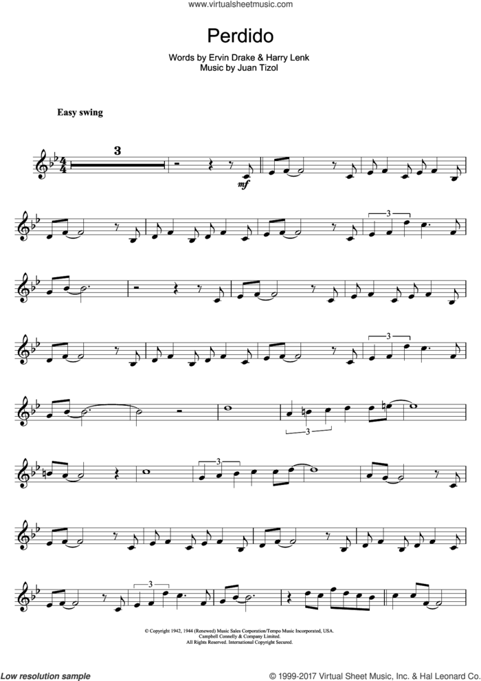 Perdido sheet music for clarinet solo by Duke Ellington, Ervin Drake, Harry Lenk and Juan Tizol, intermediate skill level