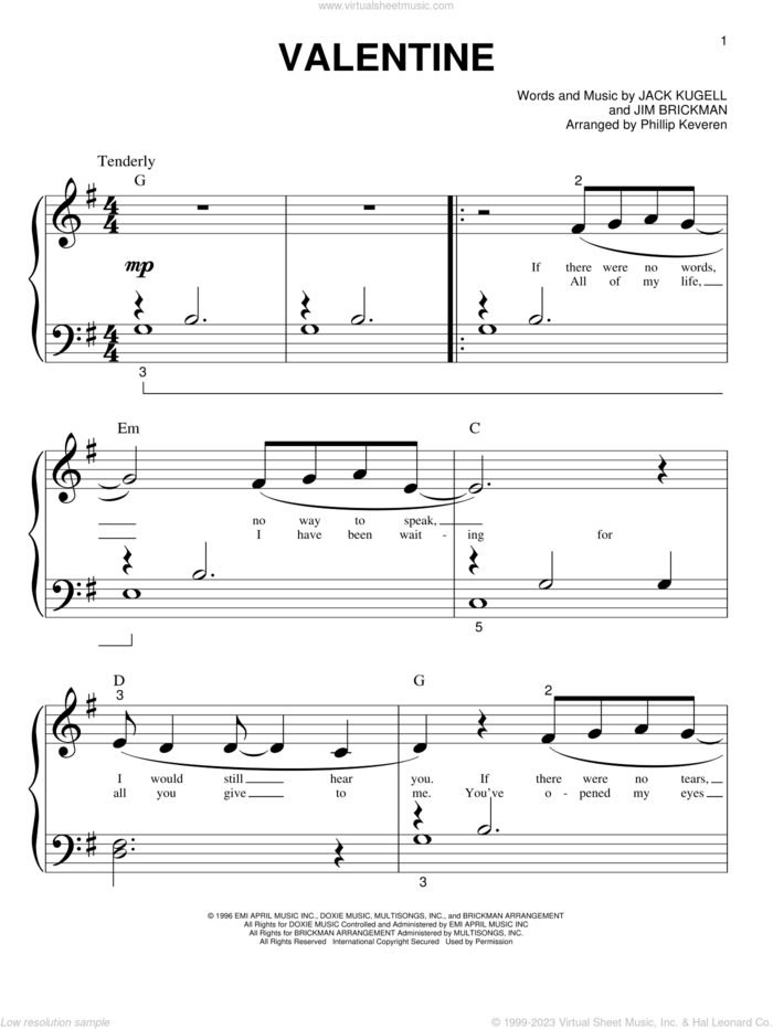 Valentine (arr. Phillip Keveren) sheet music for piano solo (big note book) by Jim Brickman with Martina McBride, Phillip Keveren, Jack Kugell and Jim Brickman, wedding score, easy piano (big note book)