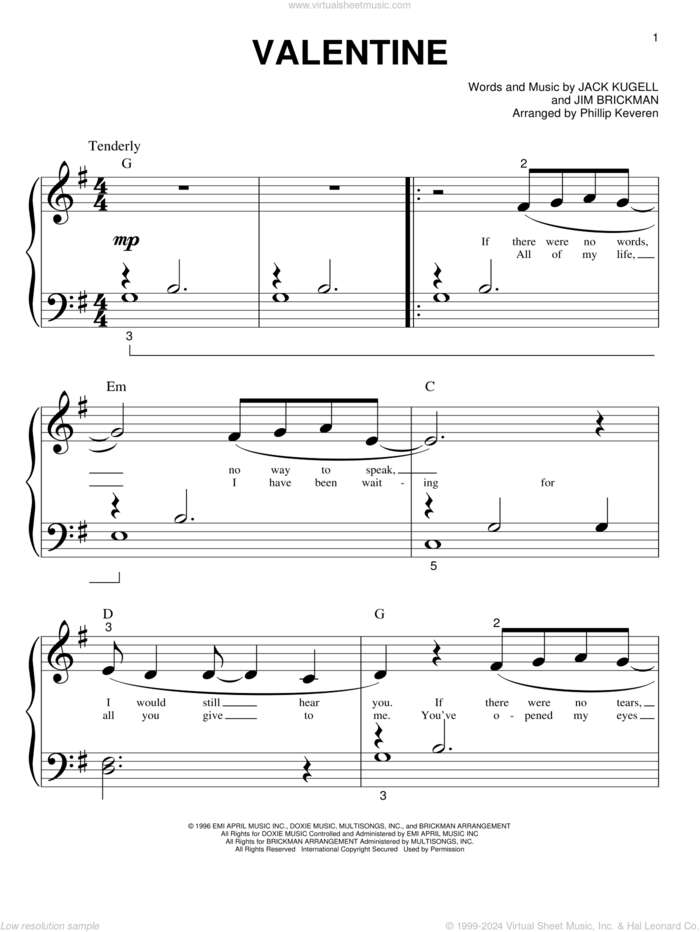 Valentine (arr. Phillip Keveren) sheet music for piano solo (big note book) by Jim Brickman with Martina McBride, Phillip Keveren, Jack Kugell and Jim Brickman, wedding score, easy piano (big note book)