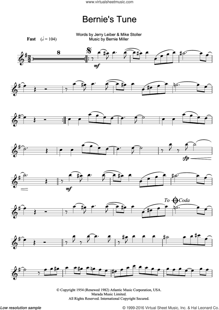 Bernie's Tune sheet music for clarinet solo by Bernie Miller, Jerry Leiber and Mike Stoller, intermediate skill level