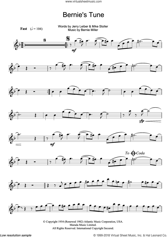 Bernie's Tune sheet music for flute solo by Bernie Miller, Jerry Leiber and Mike Stoller, intermediate skill level