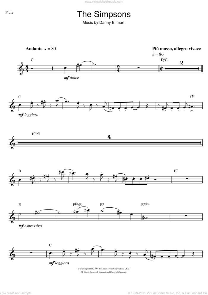 Theme From The Simpsons sheet music for flute solo by Danny Elfman, intermediate skill level