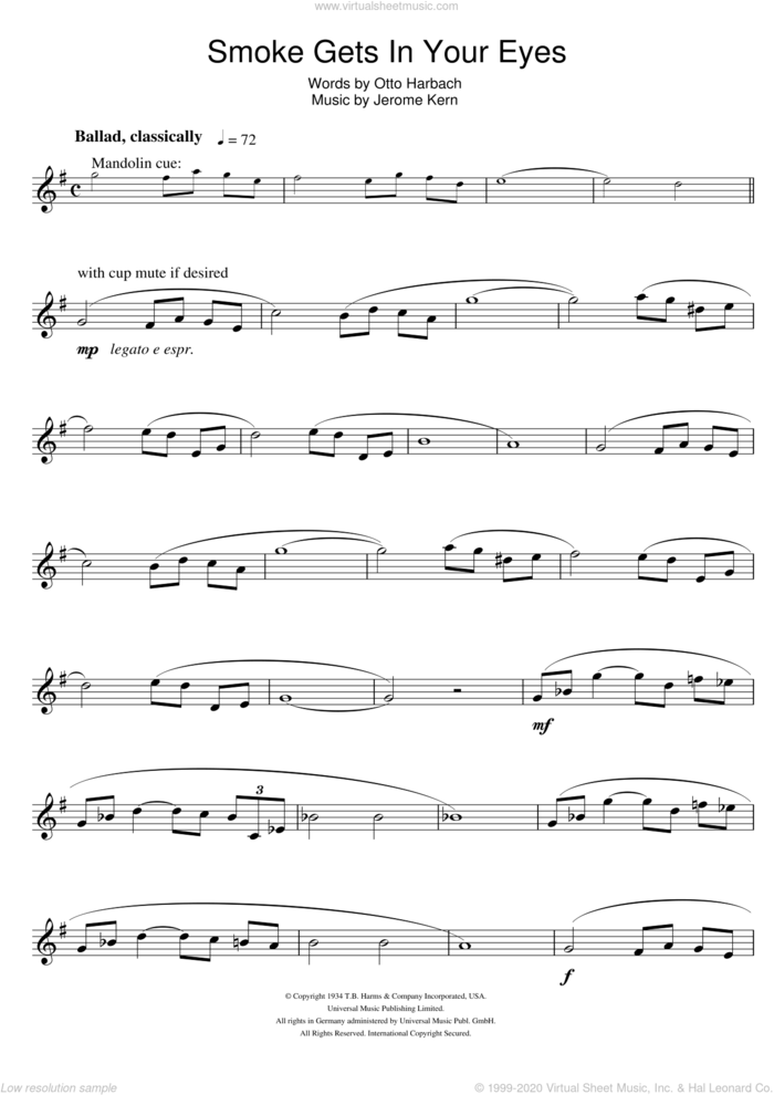 Smoke Gets In Your Eyes sheet music for trumpet solo by The Platters, Jerome Kern and Otto Harbach, intermediate skill level
