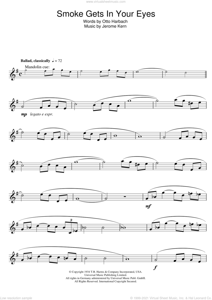 Smoke Gets In Your Eyes sheet music for tenor saxophone solo by The Platters, Jerome Kern and Otto Harbach, intermediate skill level