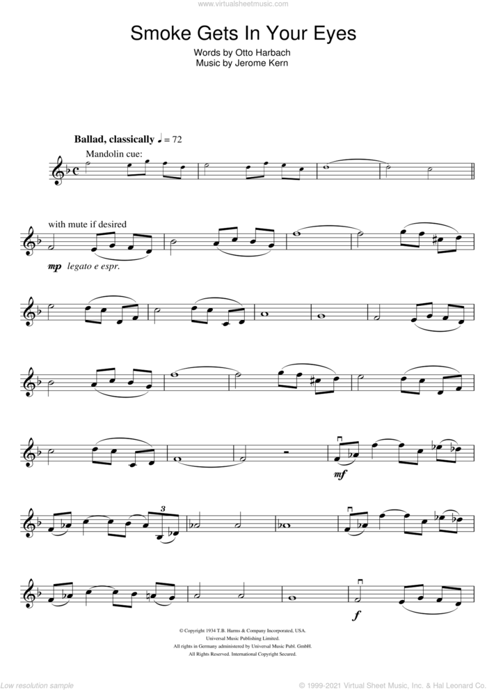 Smoke Gets In Your Eyes sheet music for violin solo by The Platters, Jerome Kern and Otto Harbach, intermediate skill level