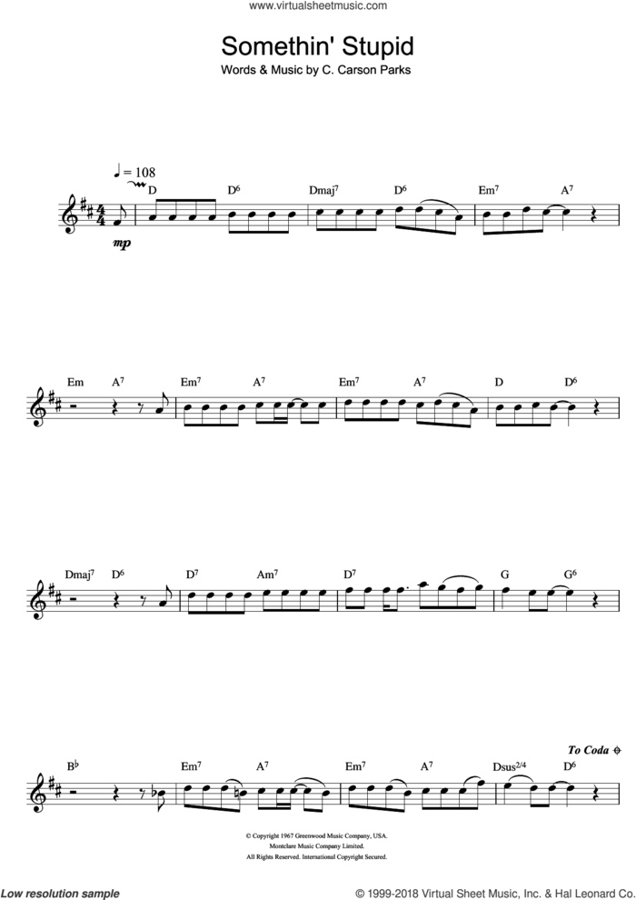 Somethin' Stupid sheet music for flute solo by C. Carson Parks, Frank Sinatra, Nancy Sinatra, Nicole Kidman and Robbie Williams, intermediate skill level