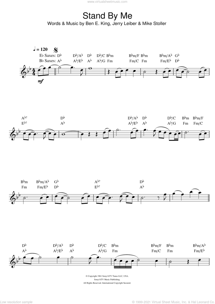 Stand By Me sheet music for saxophone solo by Ben E. King, Jerry Leiber and Mike Stoller, intermediate skill level