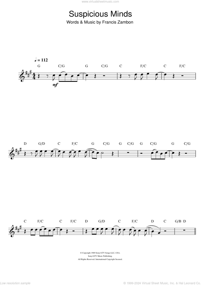 Suspicious Minds sheet music for clarinet solo by Elvis Presley and Francis Zambon, intermediate skill level