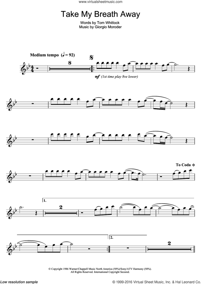 Take My Breath Away sheet music for clarinet solo by Giorgio Moroder, Irving Berlin and Tom Whitlock, intermediate skill level