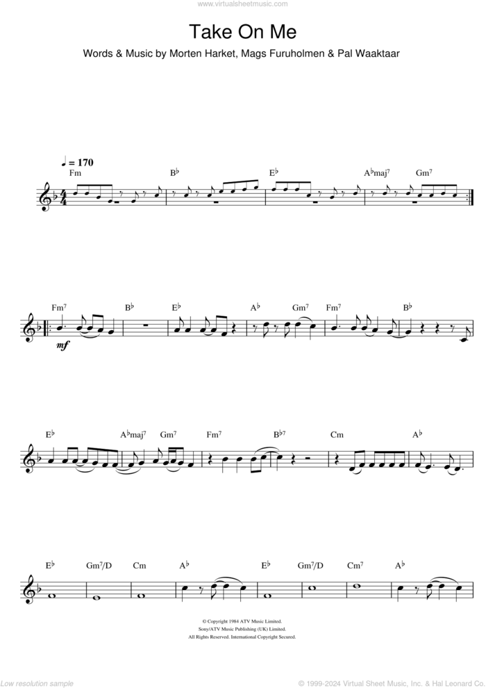 Take On Me sheet music for clarinet solo by a-ha, Mags Furuholmen, Morten Harket and Pal Waaktaar, intermediate skill level