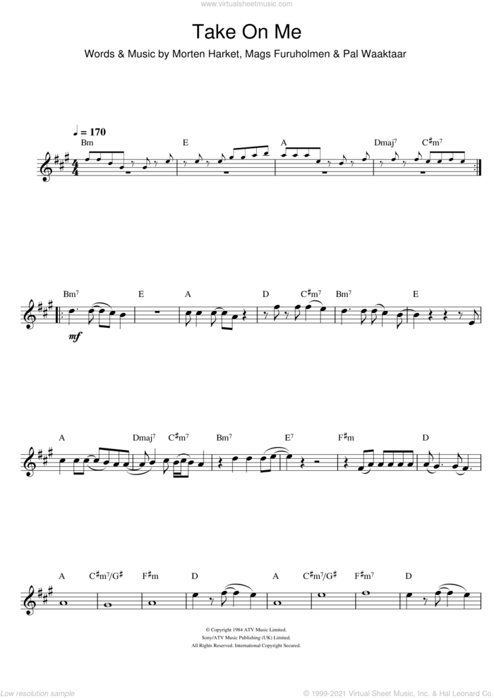 Take On Me sheet music for flute solo by a-ha, Mags Furuholmen, Morten Harket and Pal Waaktaar, intermediate skill level