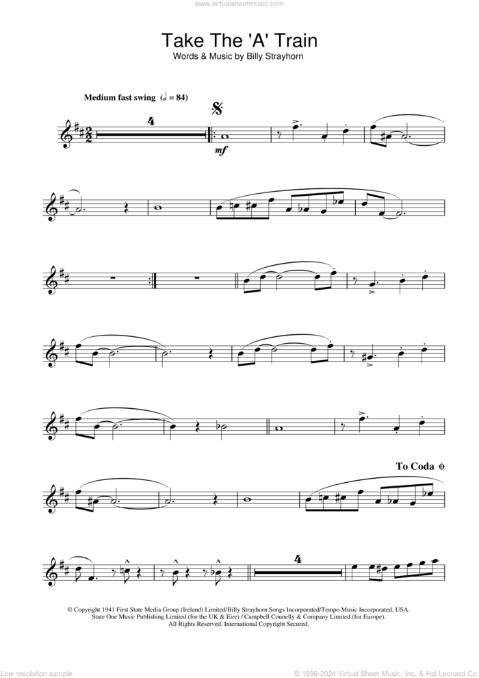Take The 'A' Train sheet music for clarinet solo by Duke Ellington and Billy Strayhorn, intermediate skill level