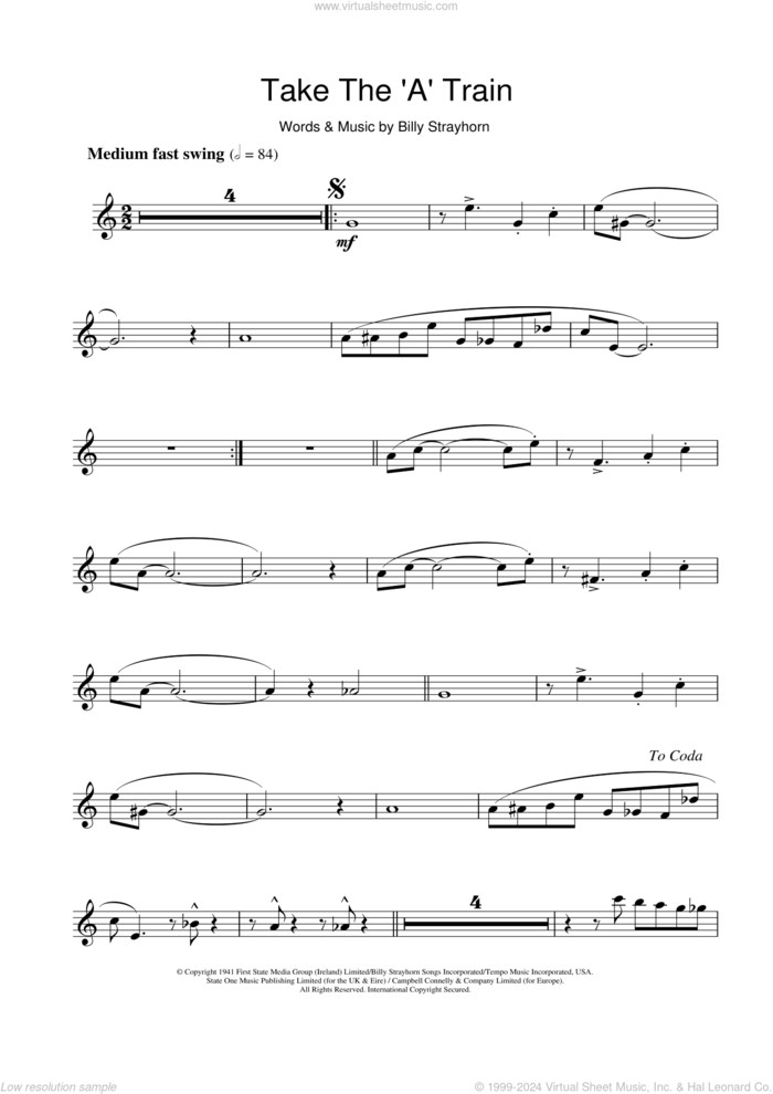 Take The 'A' Train sheet music for flute solo by Duke Ellington and Billy Strayhorn, intermediate skill level