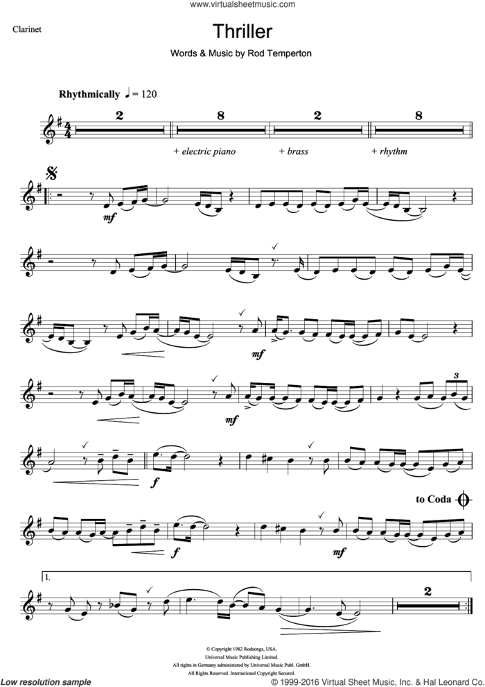 Thriller sheet music for clarinet solo by Michael Jackson and Rod Temperton, intermediate skill level