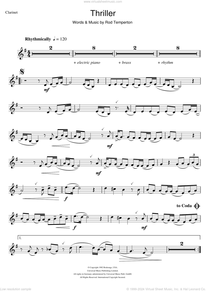 Thriller sheet music for clarinet solo by Michael Jackson and Rod Temperton, intermediate skill level