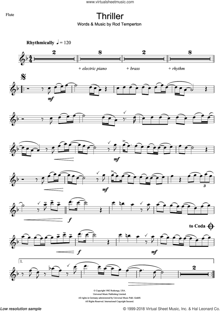 Thriller sheet music for flute solo by Michael Jackson and Rod Temperton, intermediate skill level