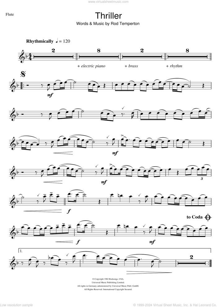 Thriller sheet music for flute solo by Michael Jackson and Rod Temperton, intermediate skill level